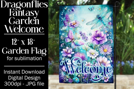 Dragonflies Garden Flag Sublimation Design, 12x18 Garden Flag, Gift for Gardener, Sublimation Garden Flag,  Floral Fantasy Garden Flag