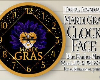 Mardi Gras Clock, Mardi Gras Clock Face, Mardi Gras Mask Clock, Printable Clock Face, Sublimation Clock, DIY Clock, Black and Gold Clock