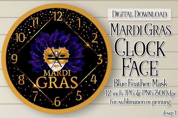 Mardi Gras Clock, Mardi Gras Clock Face, Mardi Gras Mask Clock, Printable Clock Face, Sublimation Clock, DIY Clock, Black and Gold Clock