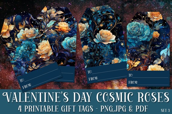 Valentine's Day Gift Tags | Valentine's Day Floral Gift Tags | Valentine's Day Printable | Valentine's Day Package Sticker | Cosmic Roses