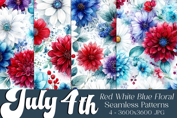 July 4th Seamless Patterns, July 4th Patterns, Red White Blue Flower Pattern, July 4th Flowers, 4th of July Flowers, Floral Seamless Pattern