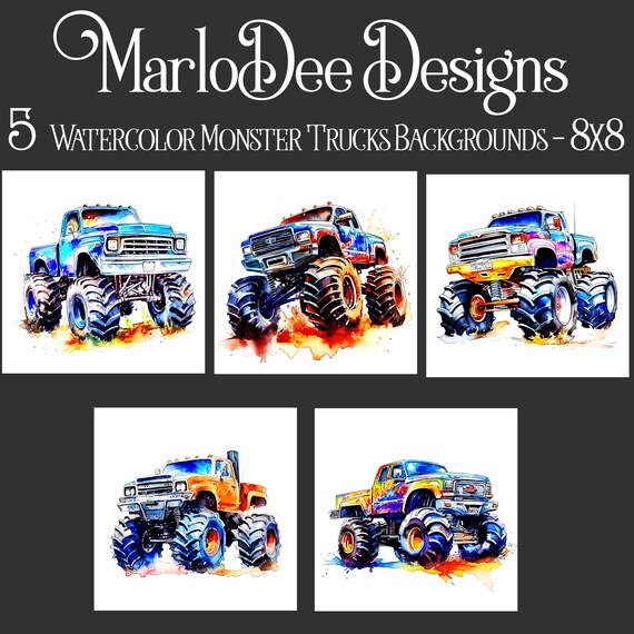 Monster Trucks Backgrounds, Father's Day, Trucks Sublimation, Watercolor Trucks Style Backgrounds, 8x8, Card Toppers, Watercolor Trucks