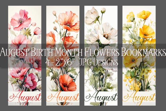 August Bookmark, Floral Printable Bookmark, Poppy Bookmark, Spring Bookmark, Printable, JPG Bookmark, Sublimation, August Birthday
