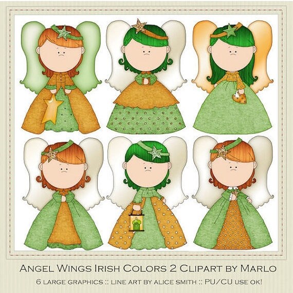 Cute Angel Graphics | Irish Green & Orange Colors |Angel Wings Exclusive Clip Art | MarloDee Designs