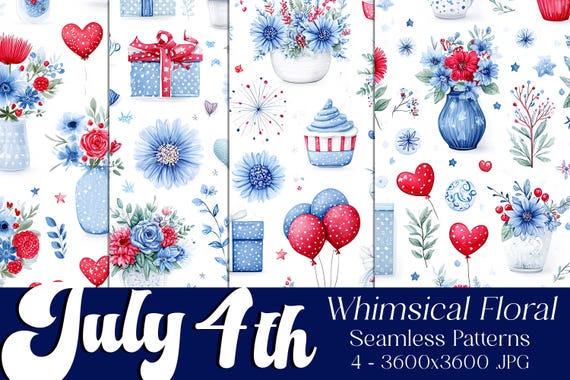July 4th Floral Patterns, July 4th Patterns, Flower Patterns, July 4th Floral Seamless Pattern, 4th of July Flower Seamless Patterns, Whimsy