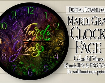 Mardi Gras Clock, Mardi Gras Clock Face, Mardi Gras Floral Clock, Printable Clock Face, Sublimation Clock, DIY Clock, Grunge Clock