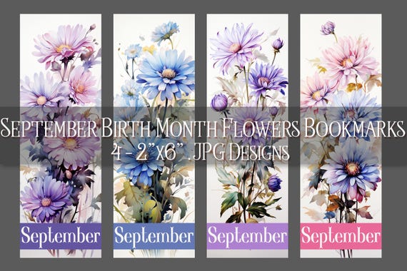 September Bookmark, Aster Flowers Printable Bookmark, Autumn Bookmark, Printable, Floral Bookmark, Sublimation, September Birthday Gift Idea