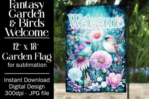 Fantasy Floral Garden Flag Sublimation Design - 12x18 Garden Flag - Gift for Gardener - Sublimation Design Garden Flag, Bird Garden Flag, d5