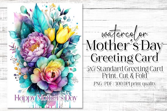 Happy Mother's Day Card - Card for Mom - Mother's Day Printable - 5"x7" - Greeting Card Printable - Watercolor Floral Printable Card