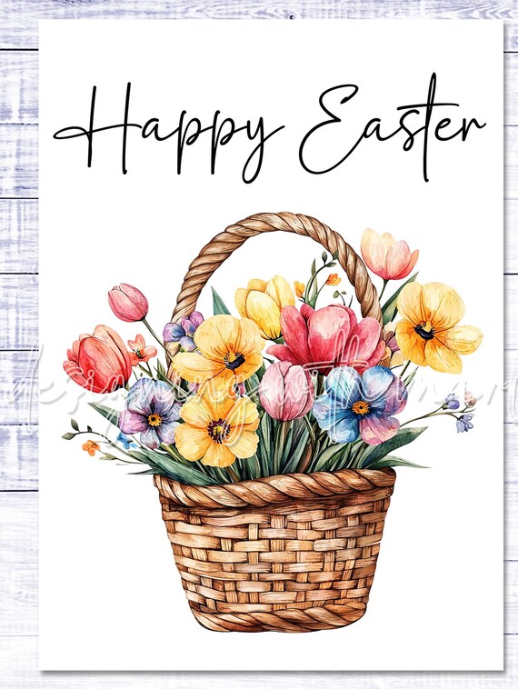 Happy Easter Card - Easter Basket - Easter Printable - 5"x7" - Greeting Card Printable - Watercolor Easter Basket Greeting Card Printable