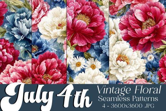 July 4th Seamless Patterns, July 4th Patterns, Vintage Floral Patterns, July 4th Flowers, 4th of July Flowers, Vintage Seamless Patterns