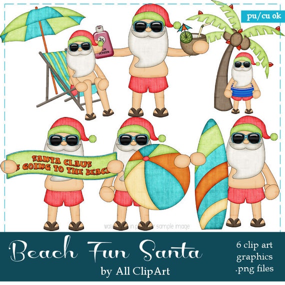 Commercial Use  Clipart | Beach Fun | Santa Clipart | Santa on Vacation Graphics | All Clipart