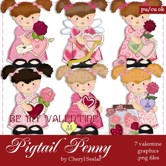 Pigtail Penny Be Mine Valentine Clip Art by Cheryl Seslar | valentines png | Valentine's Day