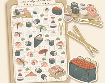 May include: A sheet of stickers featuring various sushi designs, including nigiri, maki, and sashimi, along with chopsticks, soy sauce bottles, and a wooden plate. The stickers are in a cartoon style with a light pink, green, and brown color scheme. The text "dandy doodles sushi shenanigans" is at the top of the sheet.