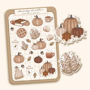 Könnte beinhalten: Eine Blatt mit Aufklebern mit Herbstmotiven, darunter Kürbisse, Mais, Kuchen, Kaffee und Blätter. Die Aufkleber sind in einer braunen und cremefarbenen Farbpalette gehalten und haben einen Vintage-Look. Der Text "dandy doodles pumpkin patch" befindet sich oben auf dem Blatt.