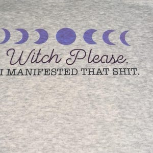 May include: A light grey hooded sweatshirt with a drawstring. The front displays a purple moon phase design and the text "Witch Please. I MANIFESTED THAT SHIT."