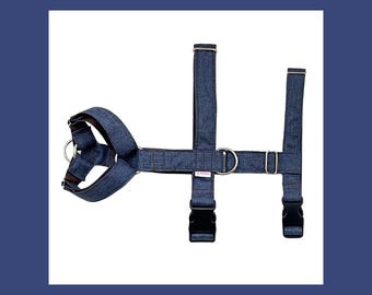 Pettorina antifuga per cani – Pettorina antiscivolo a 3 punti fatta a mano – Look denim – Vestibilità personalizzata per cani nervosi o da salvataggio