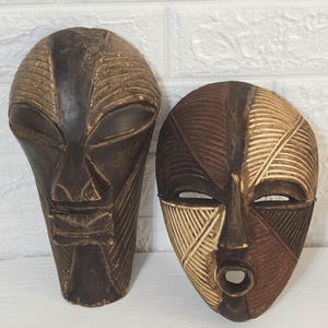 Vintage Set of Two African Tribal Masks.Handcrafted Wooden Wall Art. Tiki Mask.