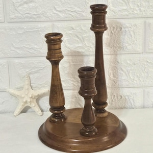 Vintage Mid Century Modern Walnut Wooden Candleabra. MCM decor.