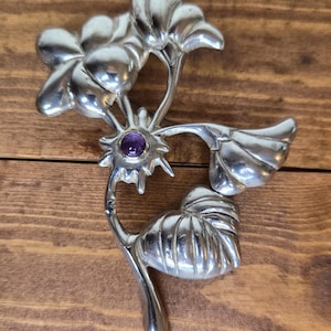 Vintage Hand Forged Brooch Pendant .925 Sterling Silver Floral Design Amethyst Stone.