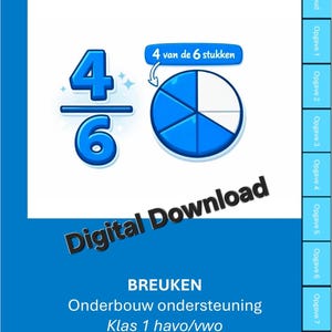 Op de afbeelding: Digitale download voor het oefenen van breuken. De afbeelding toont een blauw-witte afbeelding met de breuk 4/6 en een cirkeldiagram dat dezelfde breuk weergeeft. Tekst bevat "Extra oefenen met breuken" en "Digital Download."