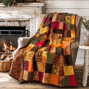May include: A patchwork quilt featuring a grid of square fabric panels in autumn-inspired colors including deep red, burnt orange, golden yellow, forest green, and dark brown, with various textures and patterns throughout the stitched textile design.