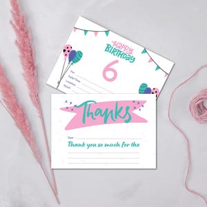 Faire-part d'anniversaire de 6 ans - rose et menthe - faire-part d'anniversaire à remplir et ensemble de cartes de remerciement - 5 x 7" imprimable | téléchargement immédiat