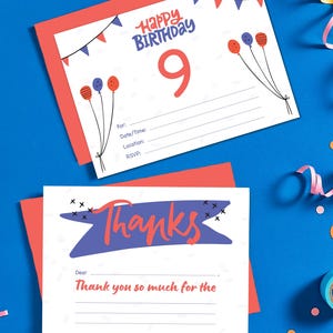 Faire-part d'anniversaire 9 ans - bleu et rouge - faire-part d'anniversaire à remplir et ensemble de cartes de remerciement - 5 x 7" imprimable | téléchargement immédiat
