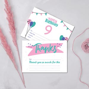 Faire-part d'anniversaire 9 ans - rose et menthe - faire-part d'anniversaire à remplir et ensemble de cartes de remerciement - 5 x 7" imprimable | téléchargement immédiat
