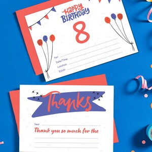 Faire-part d'anniversaire 8 ans - bleu et rouge - faire-part d'anniversaire à remplir et ensemble de cartes de remerciement - 5 x 7" imprimable | téléchargement immédiat