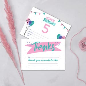 Faire-part d'anniversaire 5 ans - rose et menthe - faire-part d'anniversaire à remplir et ensemble de cartes de remerciement - 5 x 7" imprimable | téléchargement immédiat
