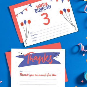 Faire-part d'anniversaire de 3 ans - bleu et rouge - faire-part d'anniversaire à remplir et ensemble de cartes de remerciement - 5 x 7" imprimable | téléchargement immédiat