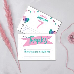 Faire-part d'anniversaire de 7 ans - rose et menthe - faire-part d'anniversaire à remplir et ensemble de cartes de remerciement - 5 x 7" imprimable | téléchargement immédiat