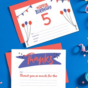 Faire-part d'anniversaire 5 ans - bleu et rouge - faire-part d'anniversaire à remplir et ensemble de cartes de remerciement - 5 x 7" imprimable | téléchargement immédiat