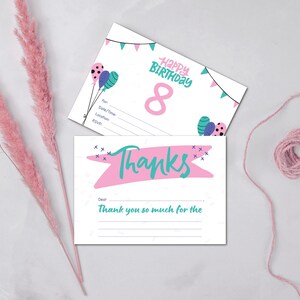 Faire-part d'anniversaire 8 ans - rose et menthe - à remplir d'invitation d'anniversaire et carte de remerciement - 5 x 7" imprimable | téléchargement immédiat
