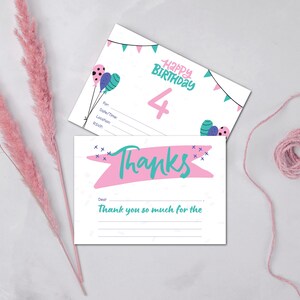 Faire-part d'anniversaire 4 ans - rose et menthe - faire-part d'anniversaire à remplir et ensemble de cartes de remerciement - 5 x 7" imprimable | téléchargement immédiat