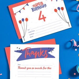 Faire-part d'anniversaire 4 ans - bleu et rouge - faire-part d'anniversaire à remplir et ensemble de cartes de remerciement - 5 x 7" imprimable | téléchargement immédiat