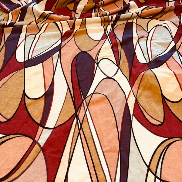 Abstract print jersey fabric burgundy, purple, tan, beige