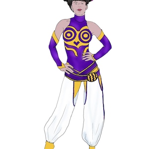 May include: A digital illustration of a character with black hair styled in two buns with purple highlights. The character wears a purple sleeveless top with yellow circular patterns, matching arm sleeves, a purple belt, and loose white pants.