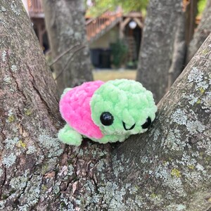 Pode incluir: Um pequeno brinquedo de tartaruga de crochê verde e rosa com olhos pretos e uma boca sorridente. A tartaruga está sentada em um galho de árvore.