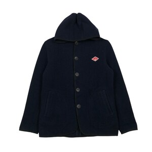 May include: A navy blue hooded jacket with a button closure and a small red and white logo on the chest.