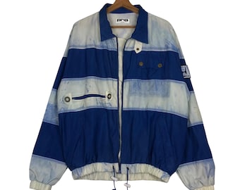 May include: A blue and white striped jacket with a full zip. The jacket features a collared neckline, two front pockets, and a drawstring waist. The word "pro" is printed on the collar.