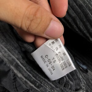 May include: A close-up of a white tag with Japanese text and the text "MADE IN JAPAN". The tag is held by a hand and is attached to a gray, corduroy-like fabric. The tag also has the text "C-OS-374".