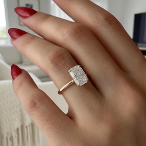 3 ct länglicher Kissen Labor Diamant Ring: hoch gefasster Verlobungsring, 14K Goldring, zierlicher Gelbgold Solitär Ring, Ehering