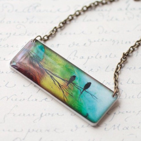 Two birds necklace, Green necklace, Neclace with birds, Branch necklace, Art photo necklace for women, Photo pendant, Rectangle pendant