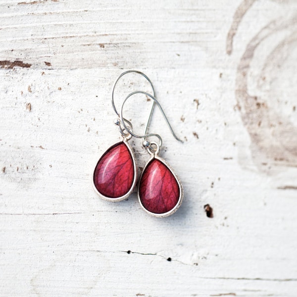 Red drop earrings, Red earrings, Red teardrop earrings, Silver teardrops, Red and silver earrings, Rose Flower petal earrings Dangle earring
