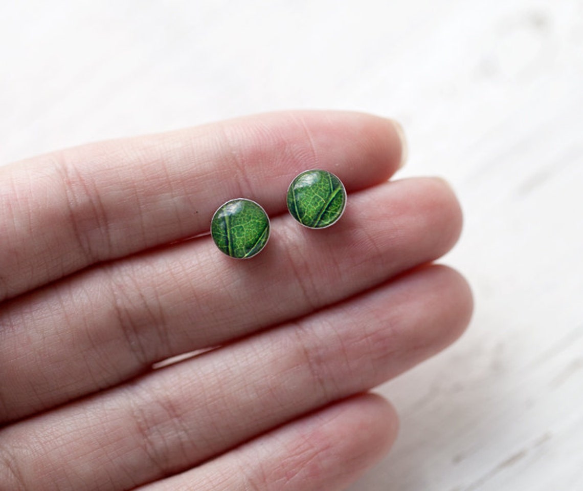 Green stud earrings Green leaf stud earrings Plant stud Etsy