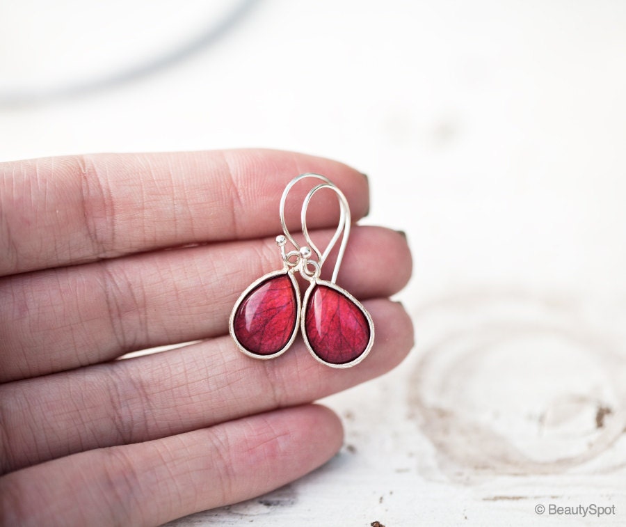 Red Drop Earrings Red Earrings Red Teardrop Earrings Silver Etsy