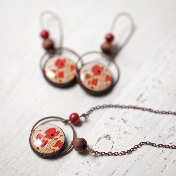 Red Poppy Schmuck-Set - Ohrringe und Halskette (S024)