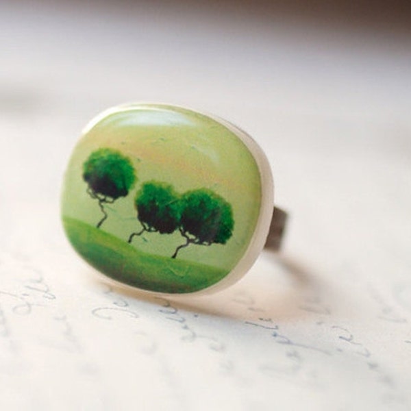 Green trees ring, Adjustable ring for women, Nature lover gift for mom, Nature ring, Green ring, Green tree jewelry, Statement ring